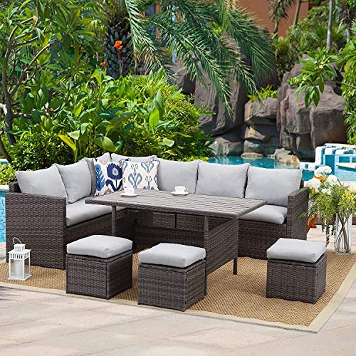 Wisteria Lane Patio Furniture Set7 Piece Outdoor Dining Sectional Sofa Couch with Dining Table and Chair All Weather Deck Wicker Conversation Set with Cushion Grey