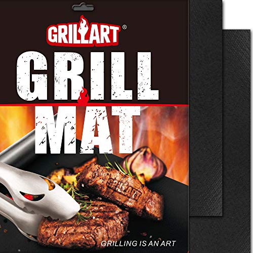 GRILLART BBQ Grill Mat  100 NonStick 600 Degree Heavy Duty Mats (Set of 2)  Reusable Easy to Clean Barbecue Grilling Accessories  Works on Electric Grill Gas Charcoal BBQ  Gifts for Dad (Black)