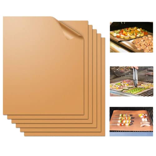 Miaowoof Copper Grill Mat Set of 6100 NonStick BBQ Grill Mats Heavy Duty Reusable and Easy to Clean  Works on Electric Grill Gas Charcoal BBQ 1575 x 13Inch(6 Pcs Solid Mat