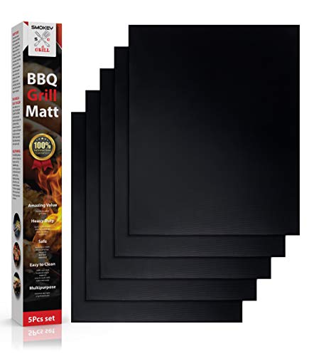 SMOKEY GRILL BBQ Mat Set of 5  Premium Heavy Duty Non Stick BBQ Grill Mats Reusable and Easy to Clean Works on Electric Charcoal and Gas Grills  155 x 135 Inch Black