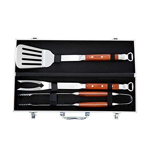 BBQ Tool Set  Grill Tool Set 3pcs  Grill Utensil Set Stainless Steel with Rosewood Handles  BBQ Tool Kit Gift with Carry Case  WareWorks BBQ Utensil Set for Home Grill Camping Travel