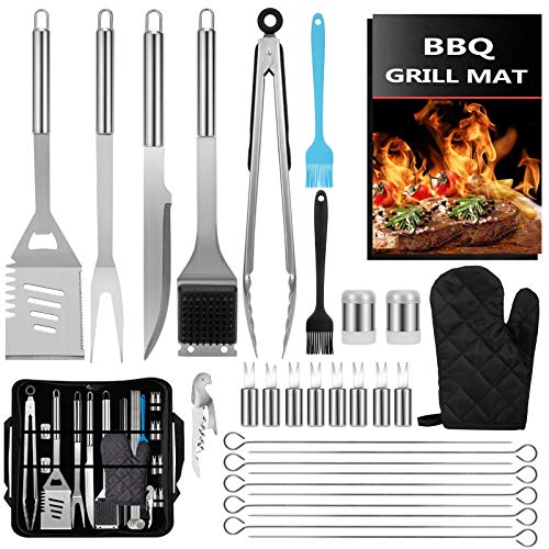 CGSGDK 31Pcs BBQ Grill Accessories Grilling Tools Set with Storage Bag Extra Thick Stainless Steel Spatula Fork Tongs Barbecue Utensils Set for Camping Kitchen Outdoor Backyard Barbecue Party