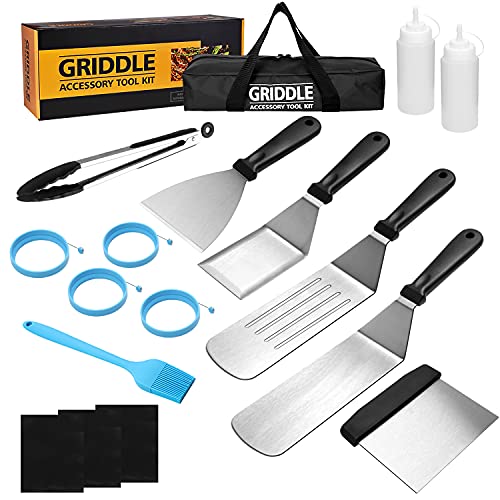 Flat Top Griddle Accessories Set for Blackstone and Camp Chef Professional Grill Spatula Set with Burger Spatulas Scraper BBQ Tool Griddle Utensils Kit for Men Outdoor Flattop Grills Cooking (Black)