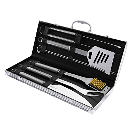 HomeComplete HC1005 Barbecue Includes Spatula Tongs Basting Brush 7Piece Stainless Steel Cooking Utensils SetBBQ Grill Accessories with Aluminum Storage Case Silver