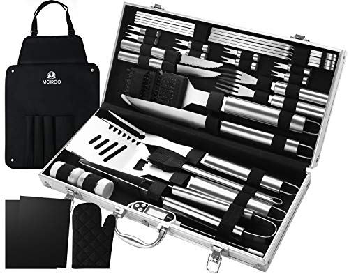 M MCIRCO 32PCS BBQ Grill Tools SetStainless Steel Grilling Accessories with Case Storage Apron Grill Mats Thermometer for Backyard Barbecue Camping Gifts for Men Women Fathers Day