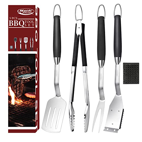 MAGIC FLAME 18 BBQ Grill Accessories Heavy Duty 5 Pcs Grilling Tools Extra Thick Stainless Steel Grill Utensils Set Gift with Spatula Fork Cleaning Brush Tong BBQ Set for Outdoor Camping Grilling