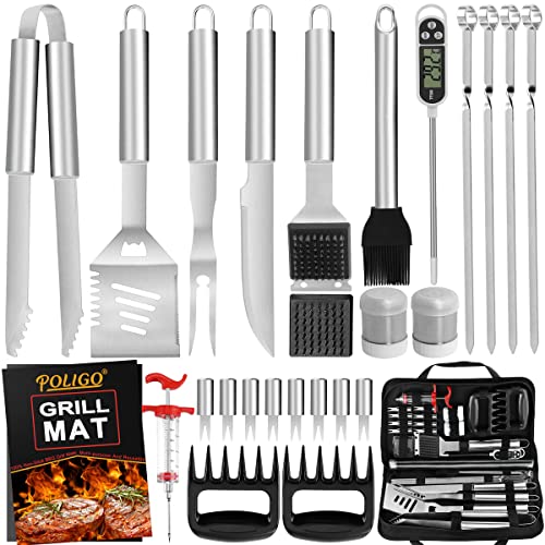POLIGO 28PC Exclusive BBQ Grill Accessories in Carrying Bag for Birthday Christmas Grilling Gifts  Premium Grill Utensils Set with Barbecue Claws Meat Injector Thermometer for Smoker Camping