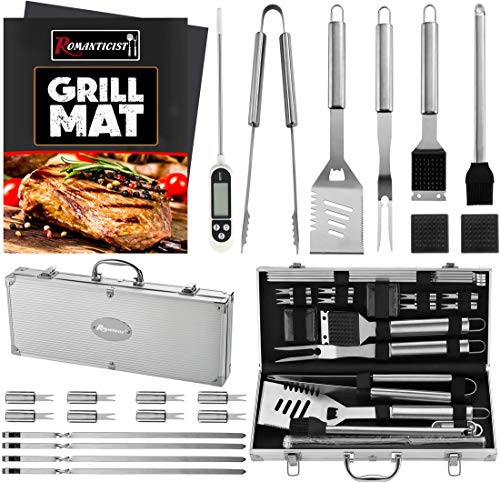 ROMANTICIST 23pc MustHave BBQ Grill Accessories Set with Thermometer in Case  Stainless Steel Barbecue Tool Set with 2 Grill Mats for Backyard Outdoor Camping  Best Grill Gift for on Birthday