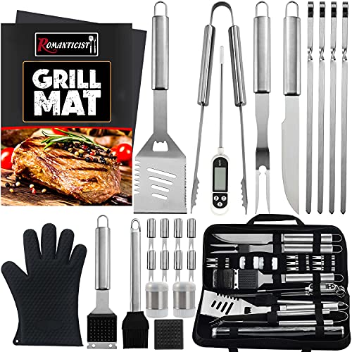 ROMANTICIST 26PCS Complete Barbecue Tool Set with Oxford Storage Case  Portable Grilling Tool Kit  Food Grade Professional BBQ Utensil Tool Kit for Outdoor Cooking and Camping Grilling