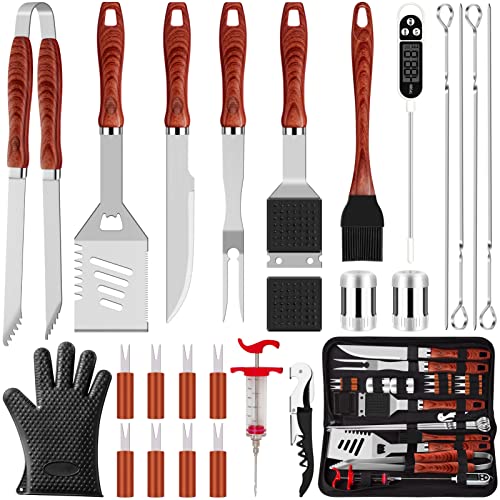 ROMANTICIST 26pcs Grilling Accessories Kit for Men Women Stainless Steel Heavy Duty BBQ Tools with Glove and Corkscrew Grill Utensils Set in Portable Canvas Bag for OutdoorCampingBackyardRed