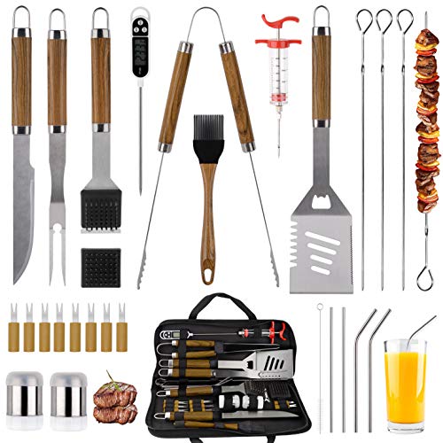 SixSun 30PCS BBQ Grill Tools Set Wooden Handle Stainless Steel Grilling Accessories with Spatula Tongs Skewers for Barbecue Camping Kitchen Complete Premium Grill Utensils Set  Brown