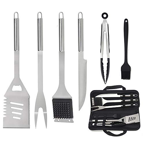 THE HUNGRY COOK 6PCS 14 Standard BBQ StainlessSteel Grilling Utensil Tools Set Premium Grill Accessories Gift for Professional Barbecue Spatula Fork Tongs Knife Cleaning Brush Basting Brush