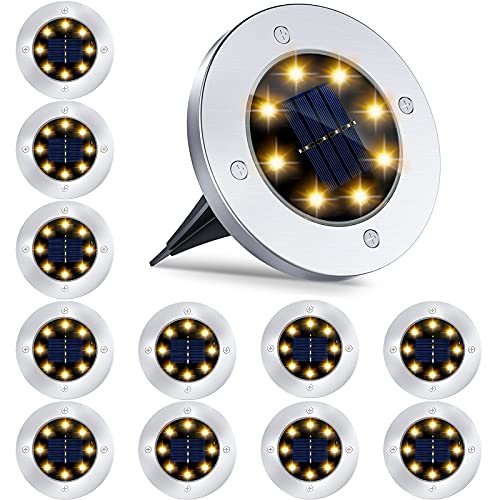 Solar Ground Lights  12 Pack 8LED Solar Garden Lights Outdoor Waterproof Sidewalk Disk Bright InGround Landscape Lighting for Lawn Patio Pathway Yard Steps Deck Walkway Light (Warm White) (12 Packs)