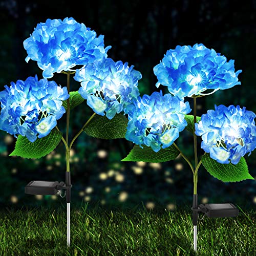 Solar Lights Outdoor Decorative  2 Pack Hydrangea Solar Garden Stake Lights Waterproof and Realistic LED Flowers Powered Outdoor InGround Lights for Garden Lawn Patio Backyard (Blue)