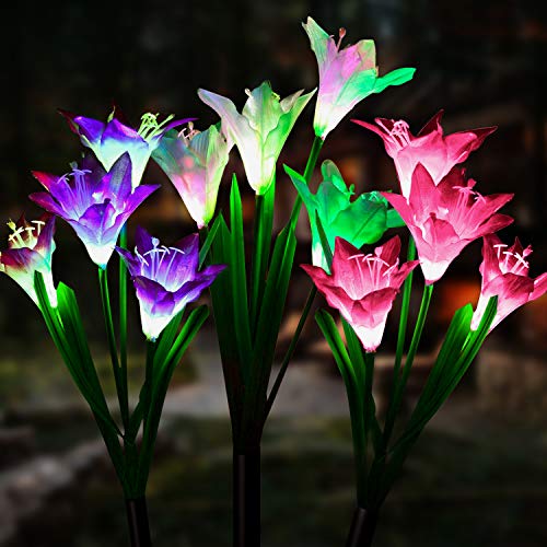 Solar Lights Outdoor Garden Decor WdtPro 3 Pack Waterproof Outdoor Solar Garden Lights with 12 Bigger Flowers 7Color Changing Solar Decorative Lights for Patio Yard Pathway (Purple White  Pink)