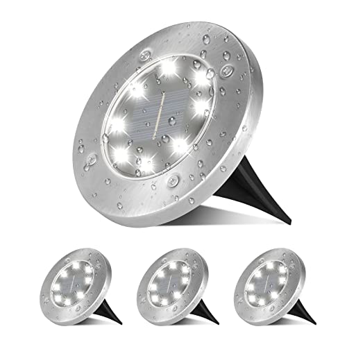 Solar Ground Lights Waterproof InGround Lights 4 Pack Solar Lights Outdoor Landscape Lighting for Lawn Walkway Driveway Pathway Sidewalk Stairs Yard Patio Stainless Steel ( Cool White Light)