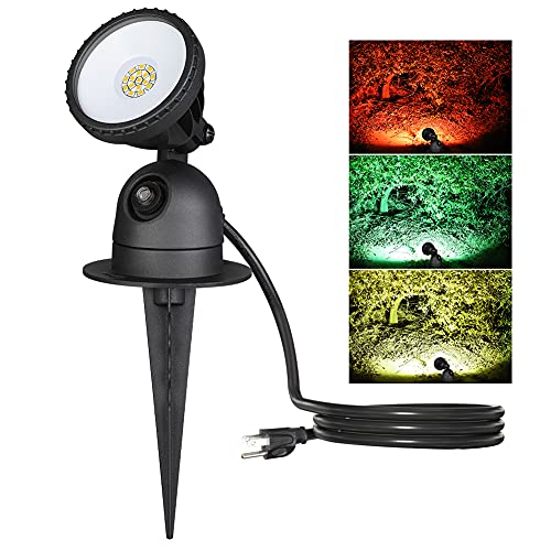 EDISHINE Outdoor LED Spotlight with 3 Lenses (Red Yellow Green) Dusk to Dawn Light Sensor Plug in Landscape Spot Light 120V 12W Stake Light with 3 FT Extension Cord UL Listed