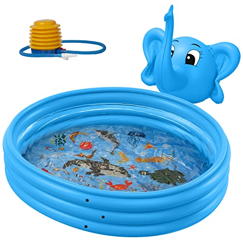Ingbelle Kiddie Pool Inflatable Swimming Pool 50X12 3 Rings Round Splash Above Ground Baby Ball Pit Pool for Kid Age 3 2in1 Elephant Small Pool for Backyard Garden Party Blue