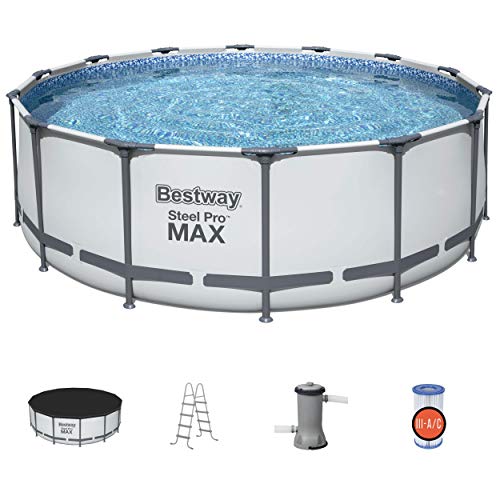 Bestway 5613HE Steel Pro MAX 14 x 4 Foot Outdoor Frame Above Ground Round Swimming Pool Set with Ladder Cover and Filter Pump