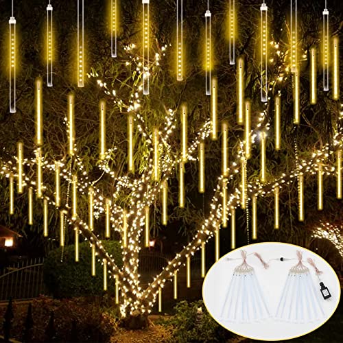 2Pack Extendable Meteor Shower Christmas Lights Outdoor 16 Tubes 384 LEDs Meteor Shower Rain String Lights for Christmas Decorations Outdoor Yard Tree (Warm White)