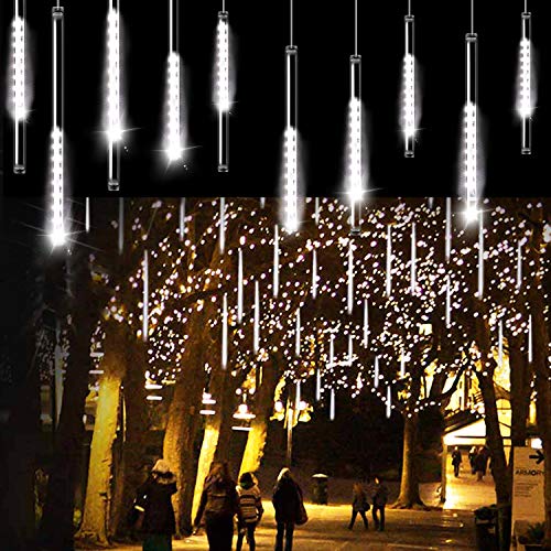 Aluan Christmas Lights Meteor Shower Rain Lights 10 Tube 240 LED 12 Inch Waterproof Plug in Falling Rain Fairy String Lights for Halloween Christmas Holiday Party Home Patio Outdoor Decoration White