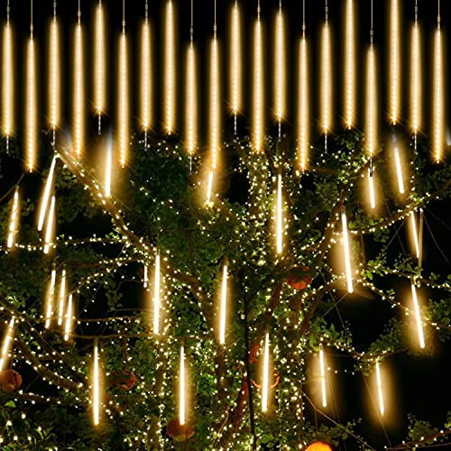 Aluan Christmas Lights Outdoor Meteor Shower Rain Lights 20 Tubes 960 LEDs 20 Inch Waterproof Plug in Falling Rain String Lights for Halloween Xmas Holiday Party Home Patio Decoration Warm White