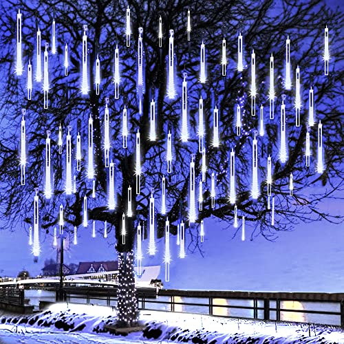 Christmas Lights Outdoor Meteor Shower Lights Falling Star Lights 12 inch 8 Tubes 144 LED Icicle Snow Falling Lights Raindrop Lights for Xmas Tree Halloween Holiday Party Decoration UL Plug White