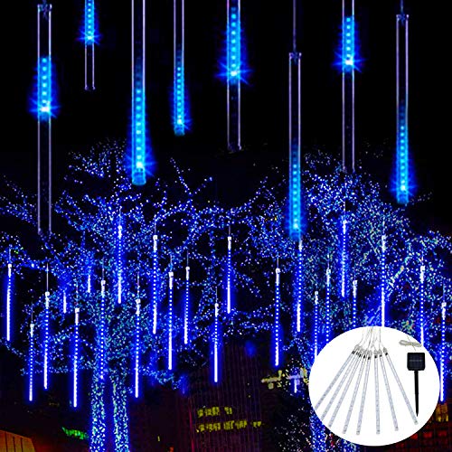 JMEXSUSS Solar Meteor Shower Rain Lights 30cm 8 Tube 144 LEDs Blue Meteor Lights Led Falling Rain Fairy String Lights for Xmas Tree Weeding Holiday Party Patio Decoration