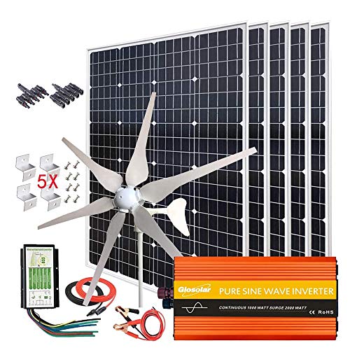 1000W Solar  Wind Power Kits Home OffGrid System for Charging 12V Battery：400W Wind Turbine Generator  600W Mono Solar Panel  Hybrid Charge Controller 1000W 12V InverterAccessory