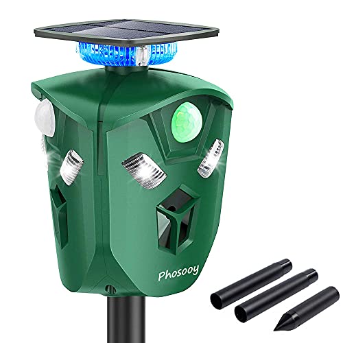 Phosooy Ultrasonic Animal Repeller 360 Degree Solar Powered Rodent Repeller with Motion Activated Flashing LED Light Repel Dogs Wild Cat Raccoon Rabbit Deer  More