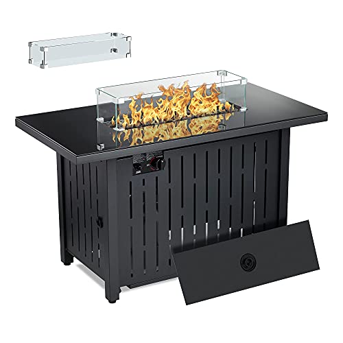 CUREALLSO 43 Inch Propane Fire Pit 50000BTU AutoIgnition Gas Fire Pit Table with Glass Wind Guard CSA Approved 66 Pounds Lava Stone for Outdoor Garden Patio Backyard Deck Poolside