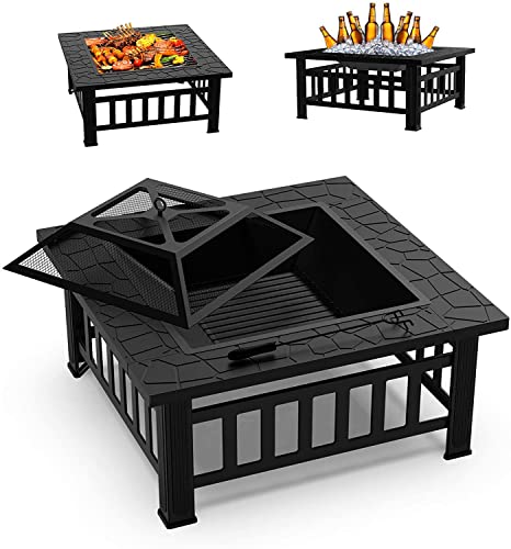 Fire Pit 32 Inches Outdoor Firepits Wood Burning Patio Fire Pits Table Square Patio Fire Pit for Outside BBQ Garden Stove with Spark Screen Cover and Poker