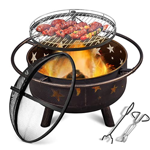 Joyside Outdoor Fire Pit 305 Inch Patio Wood Burning Fire Pits for Outside with Cooking Grill Spark Screen Fireplace Poker and Rain Cover for Patio Backyard Garden