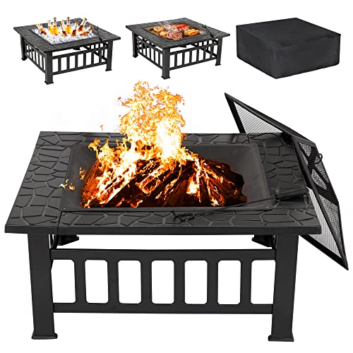 LEMY 32 inch Outdoor Fire Pit Square Metal Firepit Backyard Patio Garden Stove Wood Burning Fire Pit WRain Cover FauxStone Finish
