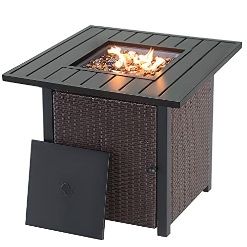 Propane Fire Pit Table Wicker 28in 40000 BTU Patio Outdoor LP Rattan Gas FirePit Steel Tabletop with Lid and Fire Glass Beads CSA Certified Brown