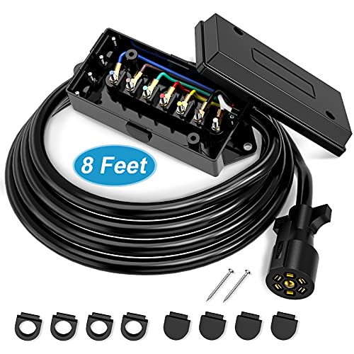 Kohree 7 Way Trailer Plug Cord with 7 Gang Waterproof Junction Box Trailer Connector Cable Wiring Harness 8 FT for RV Truck Camper