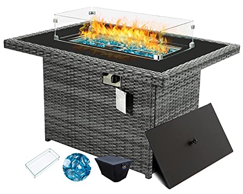 43L Rectangle Wicker Propane Fire Pit Table 8mm Tempered Glass Top 55000 BTU Output Dual Heating Gas Fireplaces Outdoor Heaters Outside with Glass Rocks with Wind Glass  Black Cover