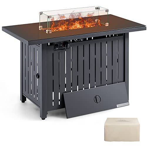 Devoko 43 inch Gas Fire Pit Table Outdoor 50000 BTU Auto Ignition Patio Propane Gas Firepit with Tempered Glass Desktop Glass Cover Lid and Lava Rock Black