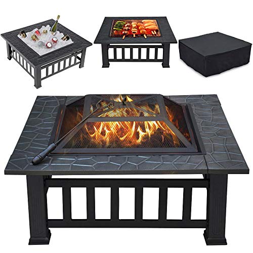 Yaheetech Multifunctional Fire Pit Table 32in Square Metal Firepit Stove Backyard Patio Garden Fireplace for Camping Outdoor Heating Bonfire and Picnic