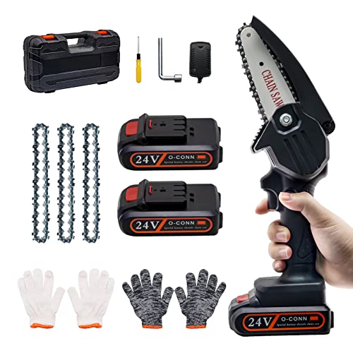 Mini Chainsaw OCONN Cordless 4 Inch Handheld Portable Electric Chainsaw with 2 Batteries 3 Chains 2 Gloves 24V Battery Powered with Safety Lock LED Light for Tree Trimming Branch Wood Cutting