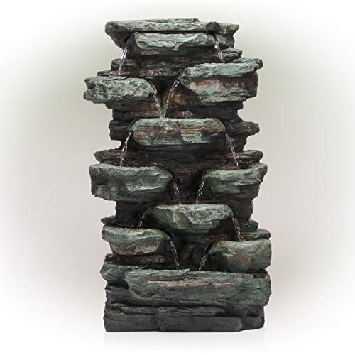 Alpine Corporation 39 Tall Outdoor MultiTier Rock Water Fountain with LED Lights