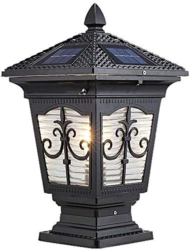 Mpotow Traditional Classical Outdoor Solar Column Lights Cast Aluminum Garden Waterproof Post Light Retro Black Exterior Corridor Pillar Lamp Cage Villa Commercial Street Lighting (Color  1933cm)