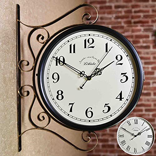 SXFYHXY Outdoor Garden Wall Clock Classical 360°Rotation Double Sided Train Station Clock with Station Bracket Garden Clock Indoor Outdoor Decoration Waterproof Outdoor Clock