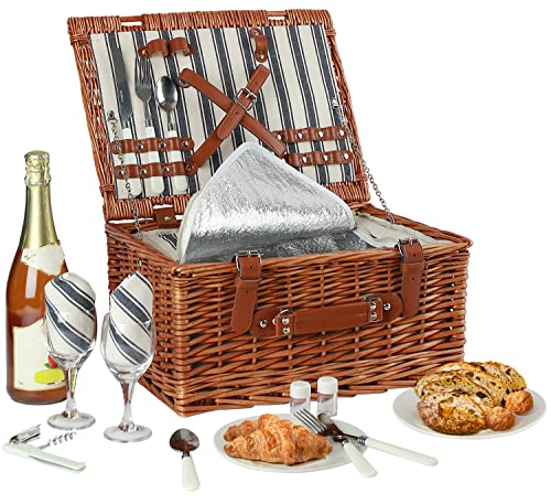 Willow Picnic Basket Set for 2 Persons with Large Insulated Cooler Bag and Classical Cutlery Service Kit  Wicker Picnic Hamper for CampingOutdoorValentine DayChirtmasThanks GivingBirthday