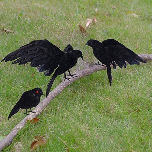 CHICHIC Realistic Crow 3 Pack Large Halloween Black Feathered Crow Decoys Ravens Outdoor Halloween Decorations Props Décor Standing Flying Birds for Tree Haunted House Graveyard Tombstone Display