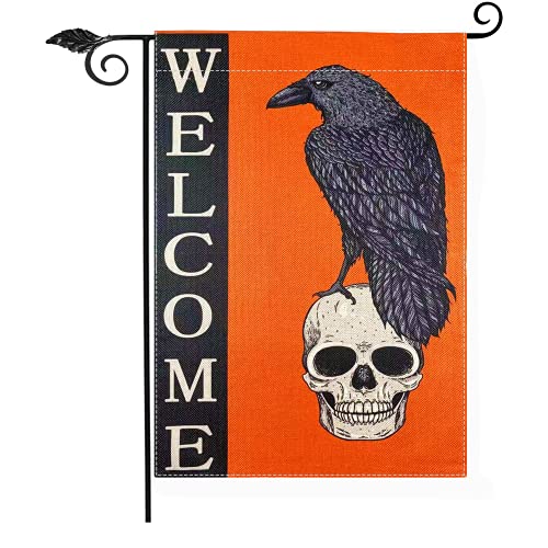 Gz party Raven Sitting On a Skull Halloween Welcome Garden Flag Vertical Double Sided 125 x 18 Inch Farmhouse Halloween Burlap Outdoor Yard Garden Decor