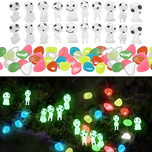 20PCS Princess Mononoke Tree Spirits  100 PCS Glow in The Dark Rocks Luminous Ghost Tree Elves Kodama Figures Glow in Dark Stones Alien Decor Fairy Garden Accessories Outdoor Micro Landscape