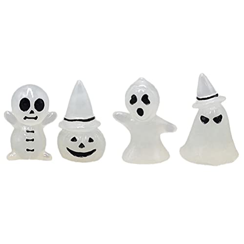 Amosfun 4pcs Halloween Miniature Ghost Figurines Luminous Ghost Decor Mini Resin Pumpkin Statue for Fairy Garden Doll House Accessories Halloween Party Favors Gift