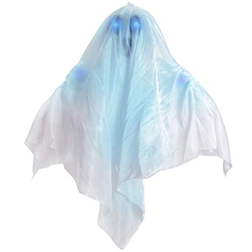 HALLOWEEN HAUNTERS Animated Hanging 24 White Ghost That Floats Up and Down Prop Decoration  Blue LED Flashing Eyes Speaks Eerie Howls Spooky Laughs