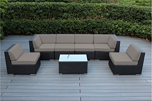 Ohana 7Piece Outdoor Patio Furniture Sectional Conversation Set Black Wicker with Sunbrella Taupe Cushions  No Assembly with Free Patio Cover